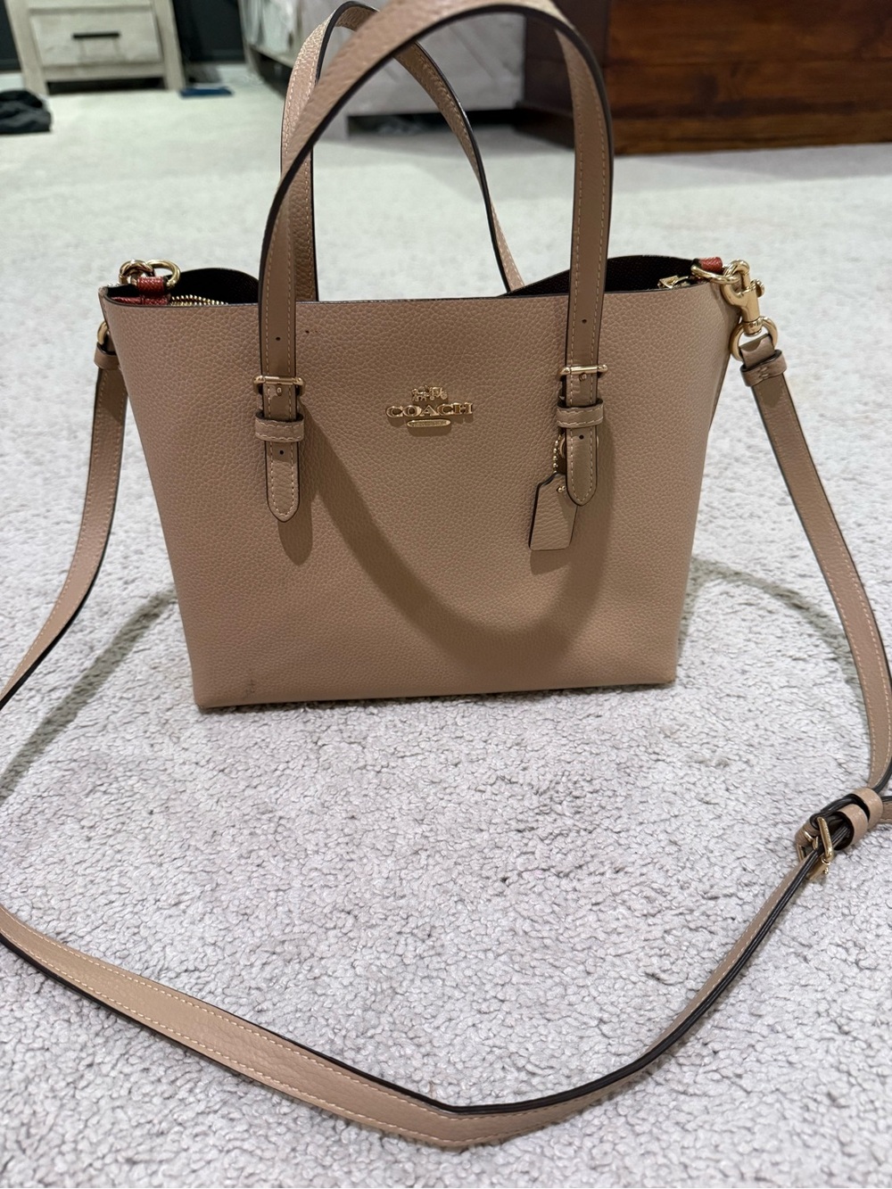 Coach Pebbled Leather Crossbody Tote in Light Taupe